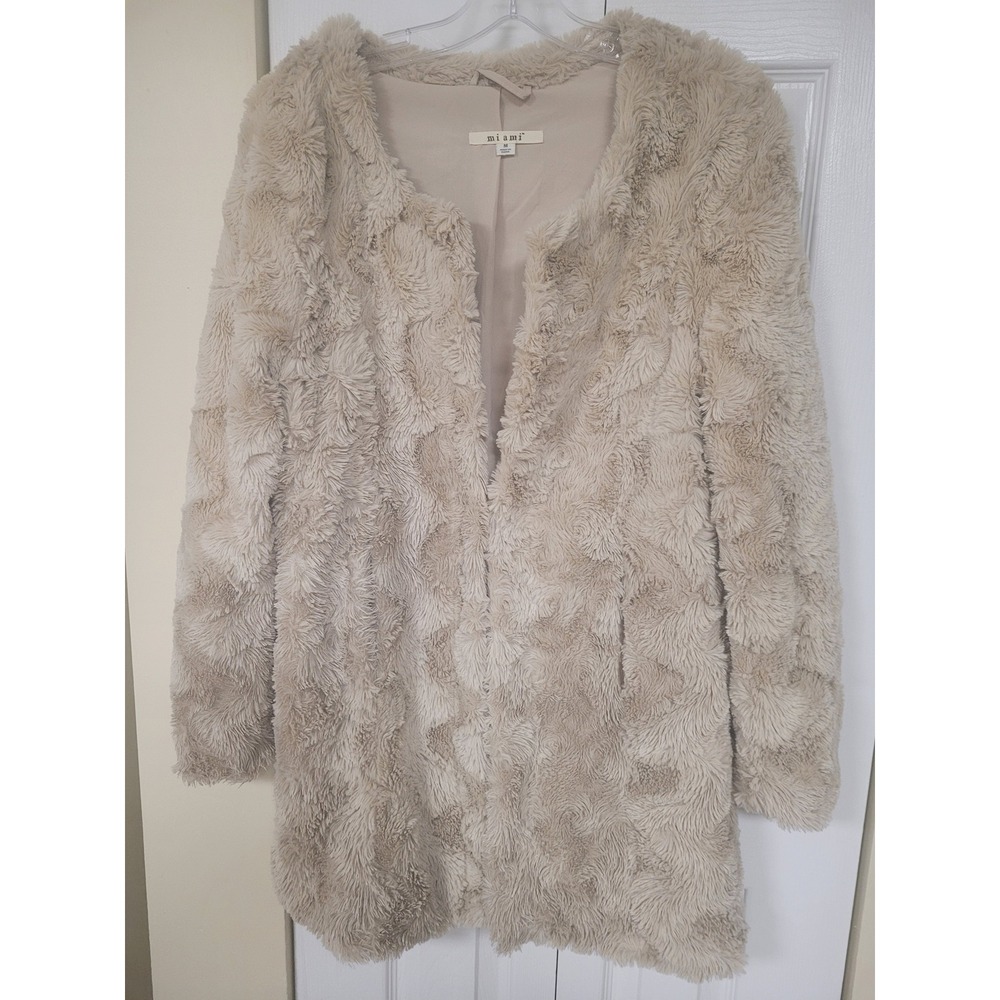 MIAMI Faux Fur Coat Cream Textured Bohemian Collarless Single Hook‎ & Eye Sz M